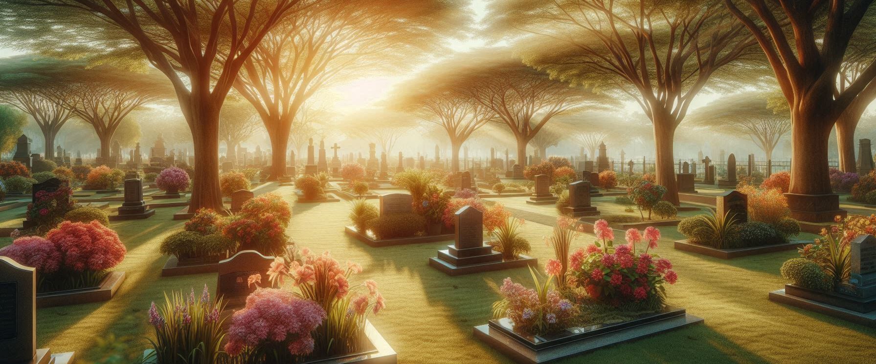 Viele Grabstellen auf einem Friedhof unter Bäumen in der Abenddämmerung